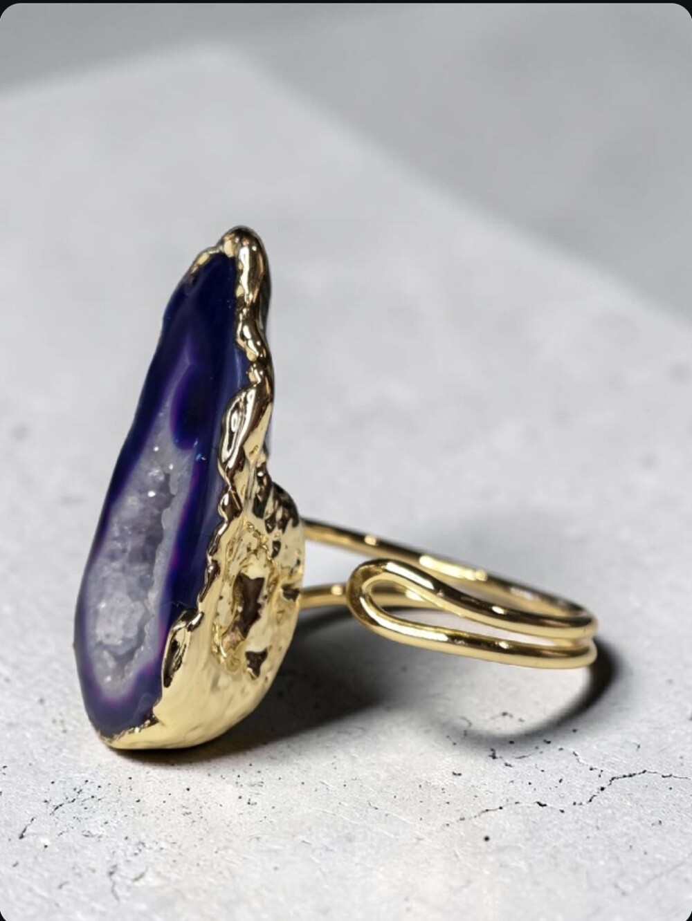 18k Gold Plated Artisan Genuine Deep Purple Agate Sugar Geode Druzy Ring - Picture 3 of 7
